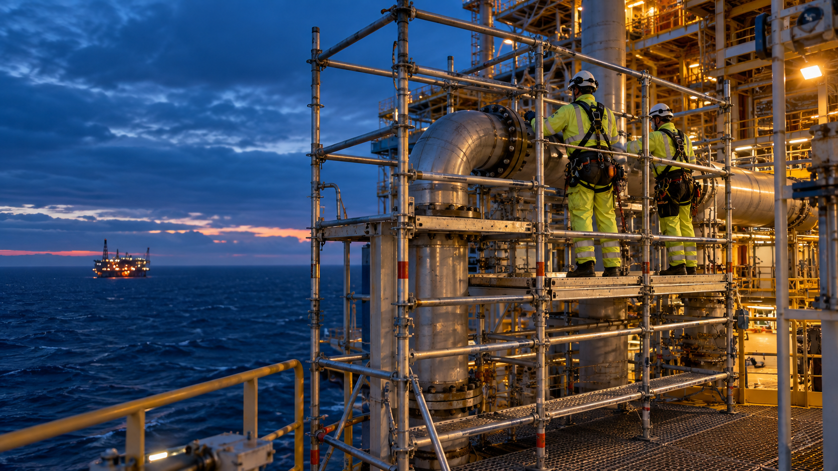 Illustrasjon av stillasarbeid på en offshoreinstallasjon